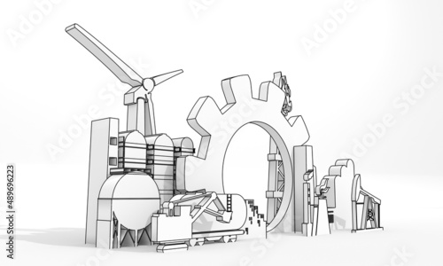 Energy and power industrial concept. Industrial icons and gear. 3D Render