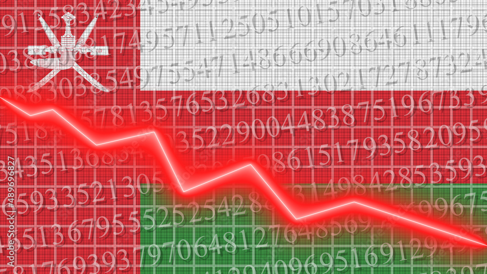 Fototapeta premium Oman flag and economic and finance growth progress chart report - red neon zigzag down line – 3D Illustrations