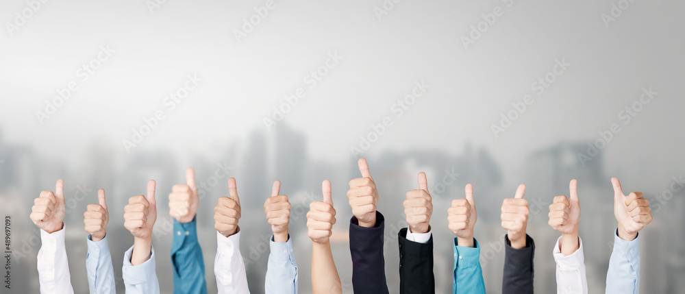 Business team showing thumbs up and symbol of excellence, showing success.