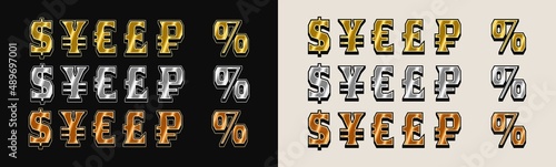 Set with gold, silver, bronze symbols of major world currencies on white background. US dollar, euro, pound sterling, rouble, yen. Vintage style.
