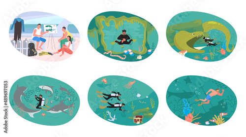 Set os scuba diving man and woman on the sea bottom