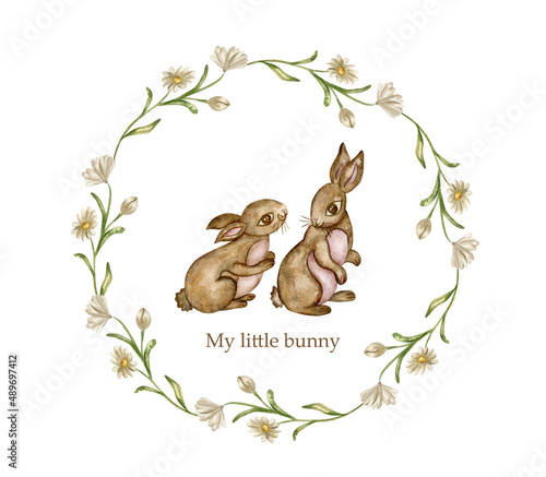 Easter Bunny postcard design. Hand draw Chamomile frame and cute bunny. Watercolor little bunny  illustrating . Bunny busness  logo. Daizy flowers wreath. photo