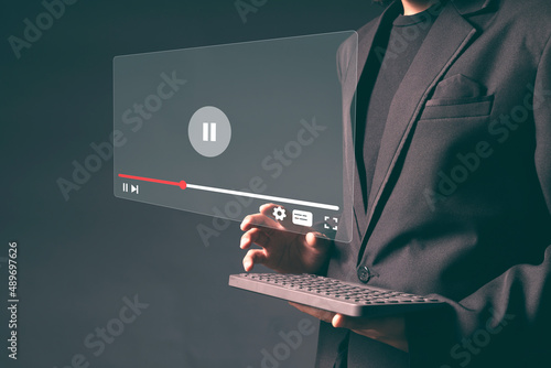 Man with live stream window player. Online broadcasting photo