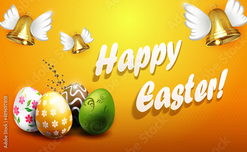 Orange composition with Easter eggs, bells with wings