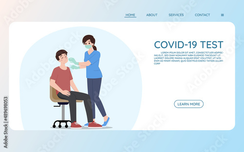 Website page show a doctor or nurse doing a nose swab test for a patient in the hospital to check for a coronavirus infection. Cartoon character health concept homepage for website on internet.