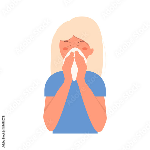 Young girl suffering from quinsy, fever, flu or virus cold. Woman sneezing and cough, using handkerchief or napkin. Illness girl, girl with napkin