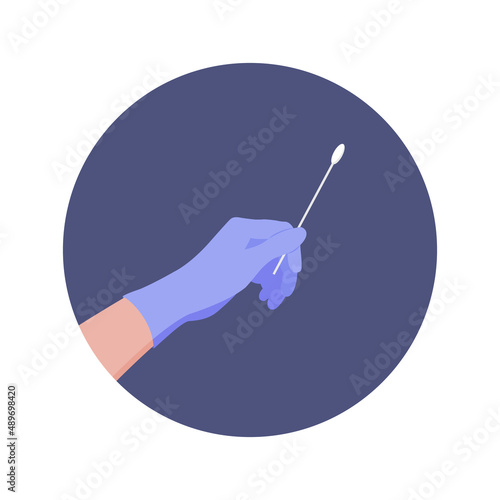 Hand in a protective glove and holding a cotton swab - pcr covid-19 rapid test. Vector illustration isolated on white background. Icon