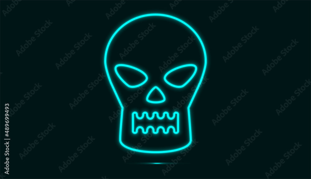 Skull face in neon blue isolated on dark background. Vector illustration