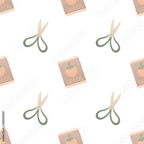 cute garden spring pattern for kids - green scissors and seeds on white background