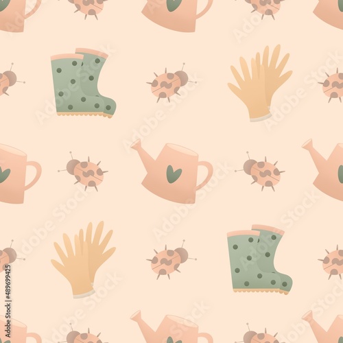 cute spring pattern for kids - rubber boots and gardening watering can