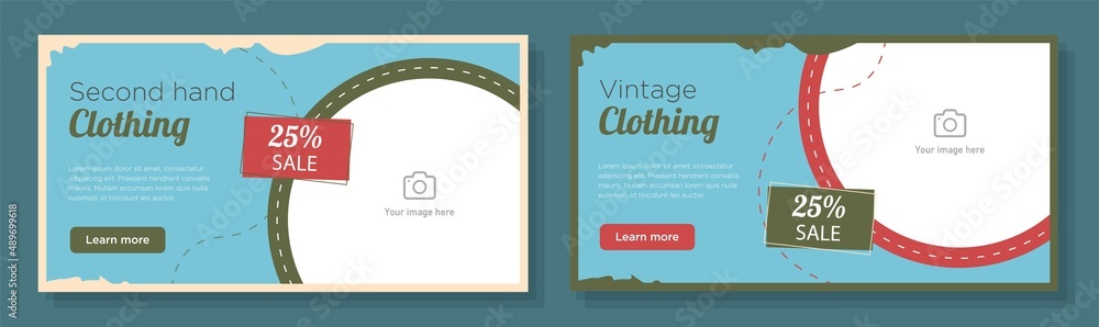 Second hand clothing online banner template set, vintage fashion shop  corporate advertisement, horizontal ad, retro style business campaign  webpage, flyer, creative brochure, isolated on background Stock Vector |  Adobe Stock