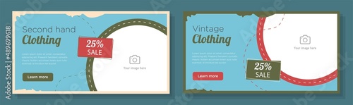 Second hand clothing online banner template set, vintage fashion shop corporate advertisement, horizontal ad, retro style business campaign webpage, flyer, creative brochure, isolated on background
