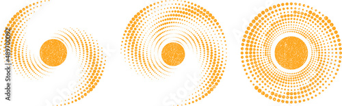 Grunge halftone dots in Circle Form . Spiral Vector Illustration .Textured round Logo . Design element . Abstract Geometric circular shapes .Rotating grunge radial line. Concentric circles