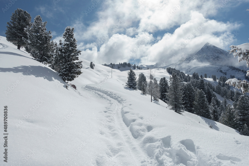 Schneespur durch eine Winterlandschaft für Skitourengeher in Tirol