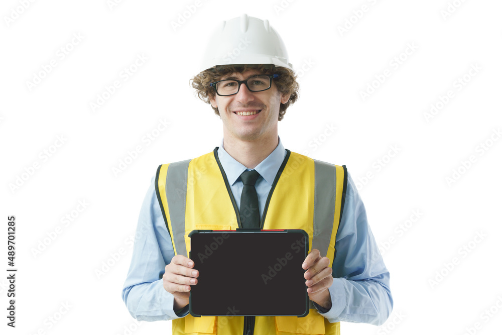 Engineer man wearing construction uniform with safety hardhat showing tablet with empty screen and standing over isolated white background.