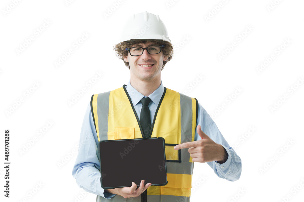 Portrait of Caucasian engineer man wearing safety uniform point finger on tablet with empty screen. Portrait of Caucasian engineer man wearing safety uniform point finger on tablet with empty screen.