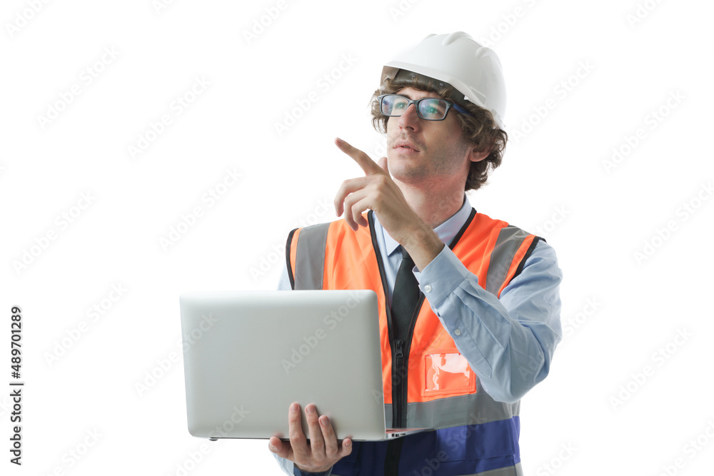 Studio shot of Caucasian engineer foreman holding laptop in his hand while looking up and point the finger to the empty space. Studio shot of Caucasian engineer foreman holding laptop in his hand while looking up and point the finger to the empty space.