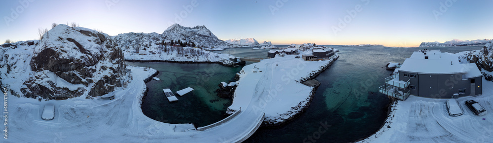 aerial view of village Hamn on Senja island in Norway on a clear cold winter day