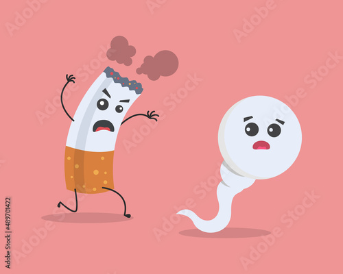 sperm running out of smoking cartoon. unhealthy sperm and egg concept. vector illustration