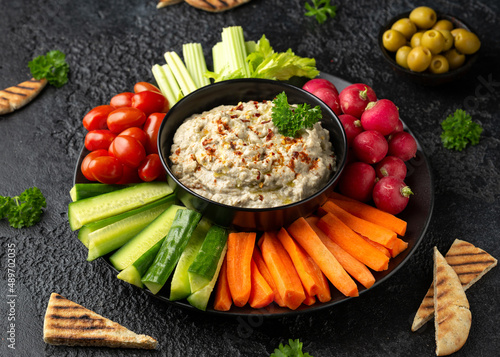 Canvas Print Baba ganoush dip made with grilled aubergine or eggplant, lemon juice, olive oil and tahini