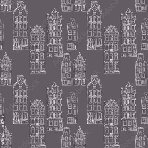 Seamless pattern of gingerbread houses in Amsterdam drawn in a graphic editor on a Gray background. For poster  stickers  sketchbook cover  print  your design.