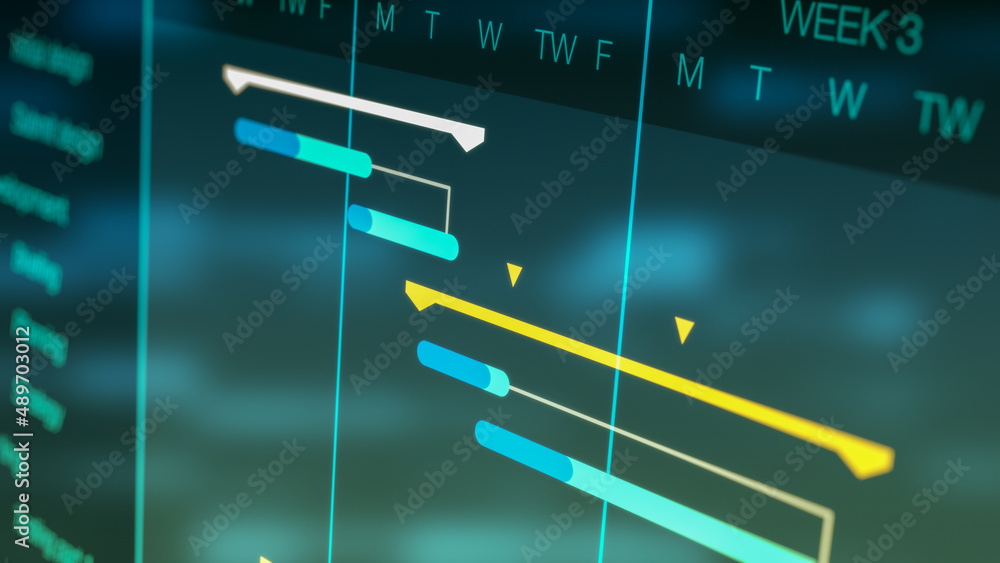 project management software, futuristic interface, gantt chart, concept of project planning, flashing lights on backgrounds (3d render) - obrazy, fototapety, plakaty 
