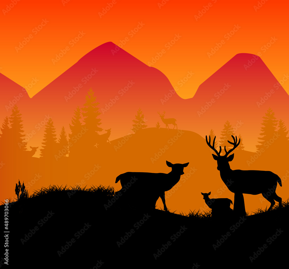 Vector-Silhouette-Sunset Mountains Deer