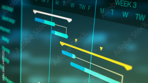 project management software, futuristic interface, gantt chart, concept of project planning, flashing lights on backgrounds (3d render)