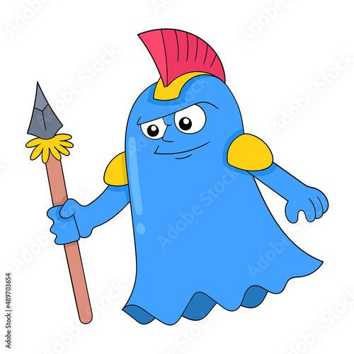 warrior dressed in battle carrying a sharp spear, doodle icon image kawaii