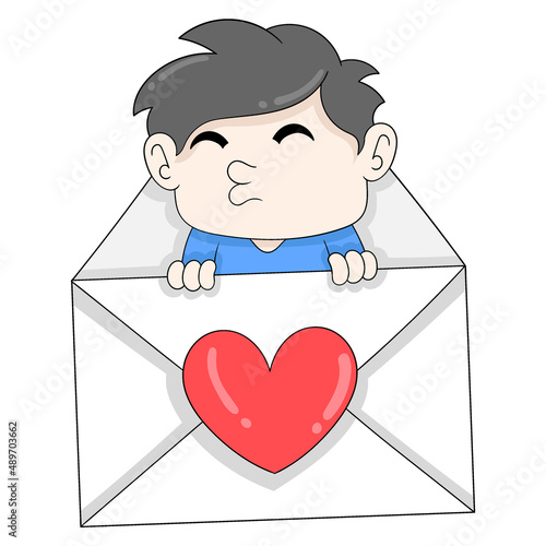 boy is hiding in valentine love envelope, doodle icon image kawaii