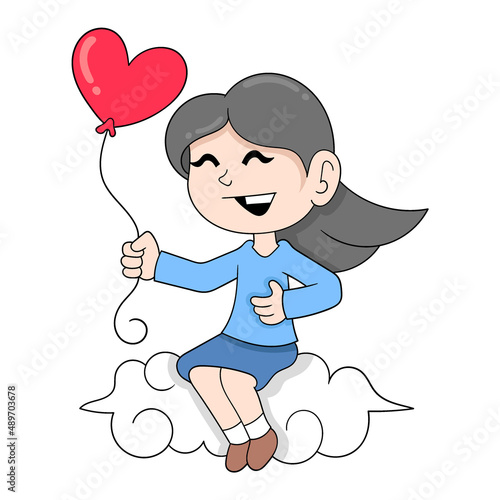 girl holding valentine balloons happily, doodle icon image kawaii