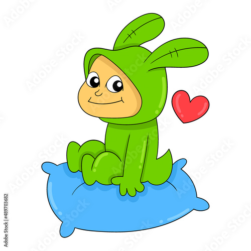 happy bunny sitting on the pillow, doodle icon image kawaii