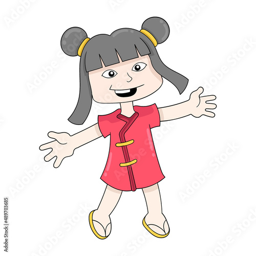 happy faced china girl welcomes spring, doodle icon image kawaii