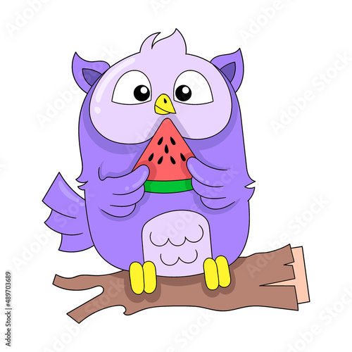 owl is perching on a plant stem eating watermelon, doodle icon image kawaii