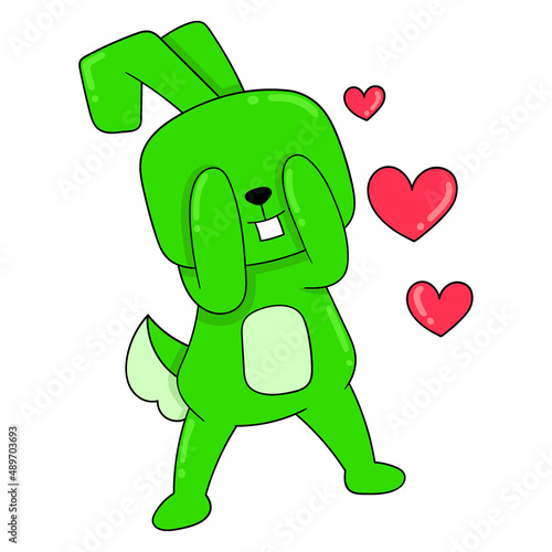 Rabbit is closing his eyes waiting for a surprise, doodle icon image kawaii