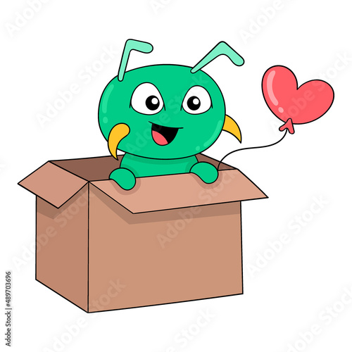 the caterpillar is in a cardboard box holding a love balloon, doodle icon image kawaii