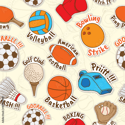 Seamless Pattern of Hand drawn Sport Equipment Stickers