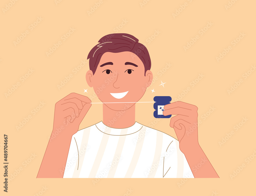 Smiling young man using tooth floss cleaning. Daily oral hygiene and healthy white teeth concept. Flat vector illustration Smiling young man using tooth floss cleaning. Daily oral hygiene and healthy white teeth concept. Flat vector illustration