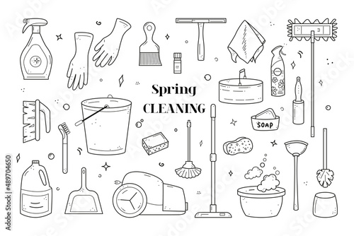 Hand drawn set of cleaning agents, mops, vacuum cleaner, bucket, brushes, soap, rubber gloves. Spring clean chores elements. Vector illustration in doodle sketch style isolated on white background
