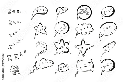 Sleep set in sketch cartoon style. Night doodle symbols pillow, moon, cloud, star, zzz text. Comic icons vector illustration isolated on white background
