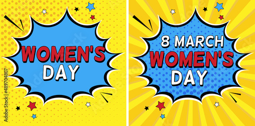 Women's day card in pop art style with halftone and sun rays  effect background.