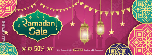 Ramadan Sale, web header or banner design with golden shiny frame, arabic lanterns and Islamic Ornament.