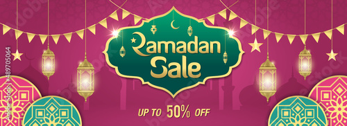 Ramadan Sale, web header or banner design with golden shiny frame, arabic lanterns and Islamic Ornament.