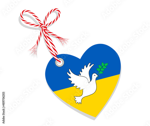 Frieden für Ukraine Fahne als Herz mit Kordel-Schleife,
Vektor Illustration isoliert auf weißem Hintergrund
