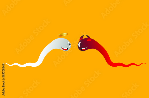two sperm cells an angel and a demon are turned to face each other on a yellow background 