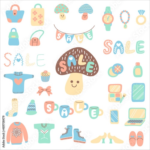 Set of kawaii sale items, kawaii, sale, item, cute, mushroom, bag, clothes, shoes, digital products, jewelry, cosmetics パステルカラーのセール品