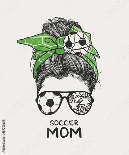 Woman messy bun hairstyle with soccer headband and glasses, hand drawn vector illustration