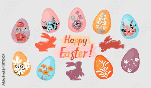 Happy Easter background with hand drawn various eggs painted with flower arrangements,silhouettes of Easter rabbits and hand lettered text.Contemporary stock vector illustration isolated on gray.
