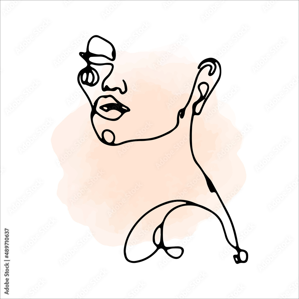 Women face in one line art style. Watercolor pink spots on the background. Vector hand drawn illustration. Women face in one line art style. Watercolor pink spots on the background. Vector hand drawn illustration.