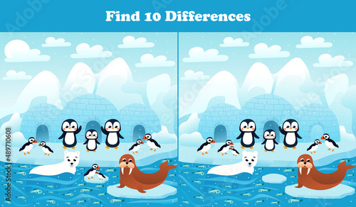 Find ten differences printable worksheet with arctic penguins, seals and puffins and north pole landscape for kids